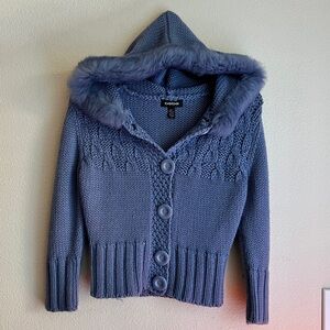 Y2K bebe Faux Fur Hooded Knit Sweater | Small | Chunky Cable Cardigan